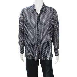 Ascot Chang Mens Button Front Collared Sheer Geometric Shirt Navy White Large